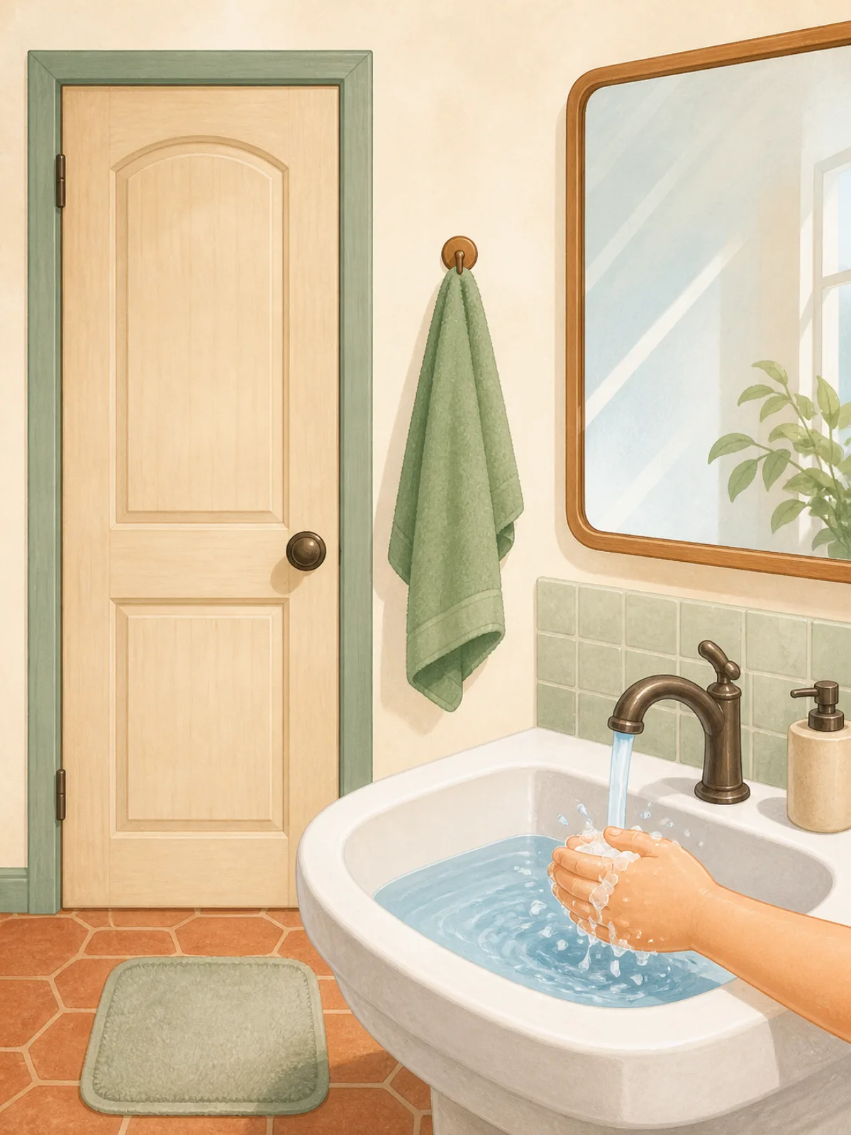 An illustrated bathroom with a door, towel, mirror, sink water, and a hand.