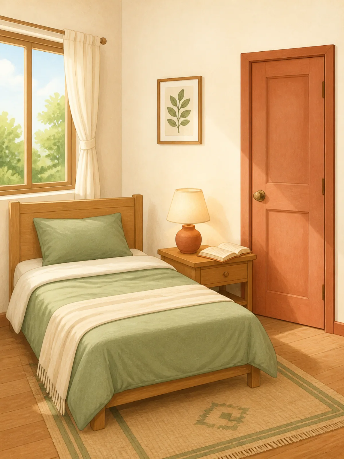 A warm illustrated bedroom with a bed, door, lamp, window, and open book.