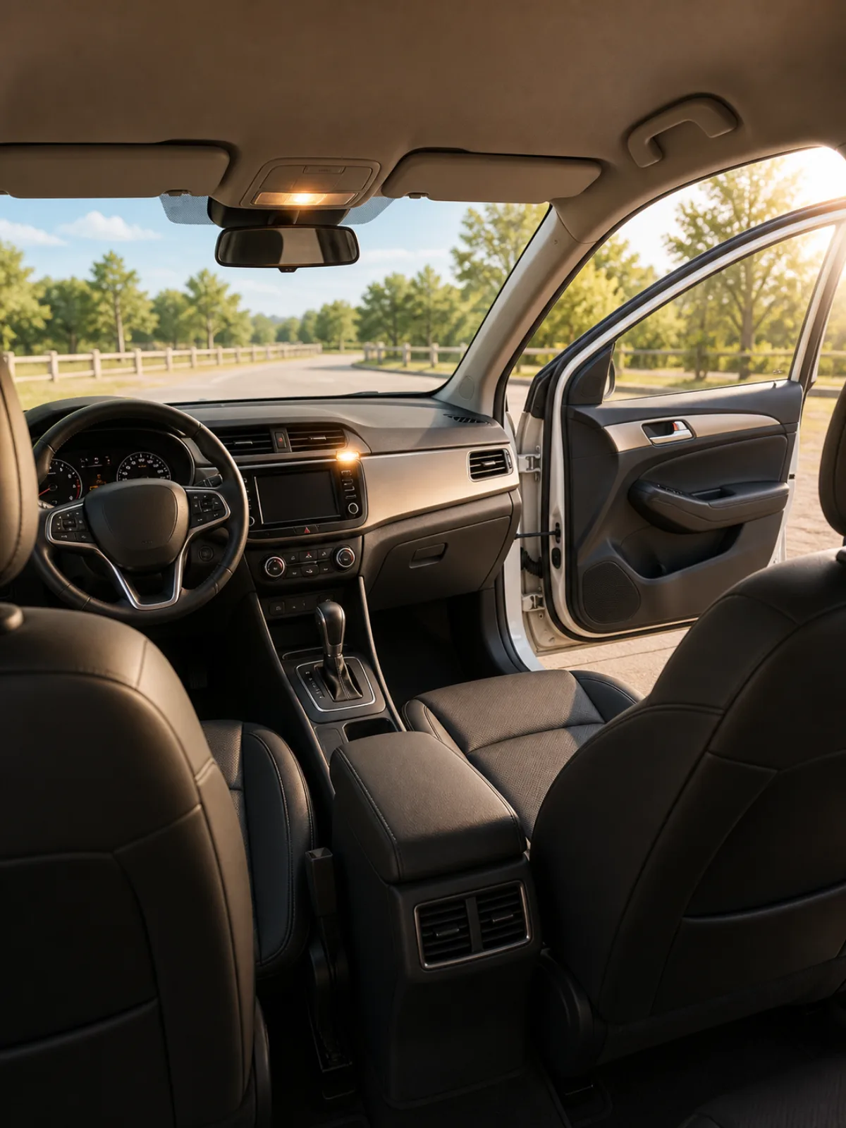 An illustrated car interior with a car door, steering wheel, dashboard, light, and seat.