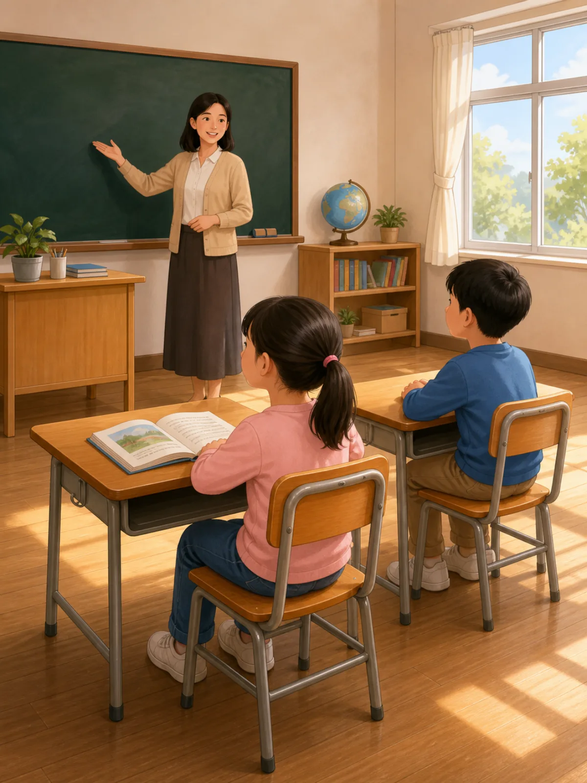 An illustrated classroom with a teacher, students, desks, chairs, and an open book.