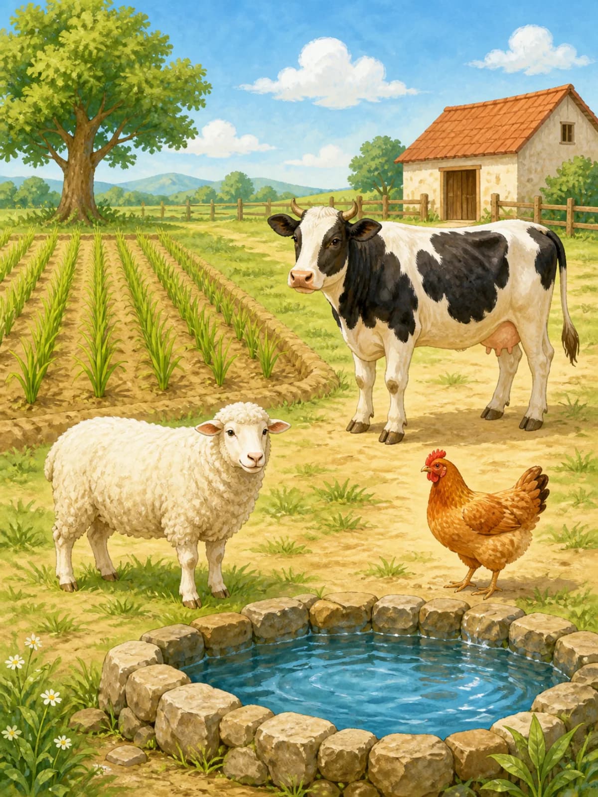 An illustrated farm with a field, cow, sheep, chicken, and pond.
