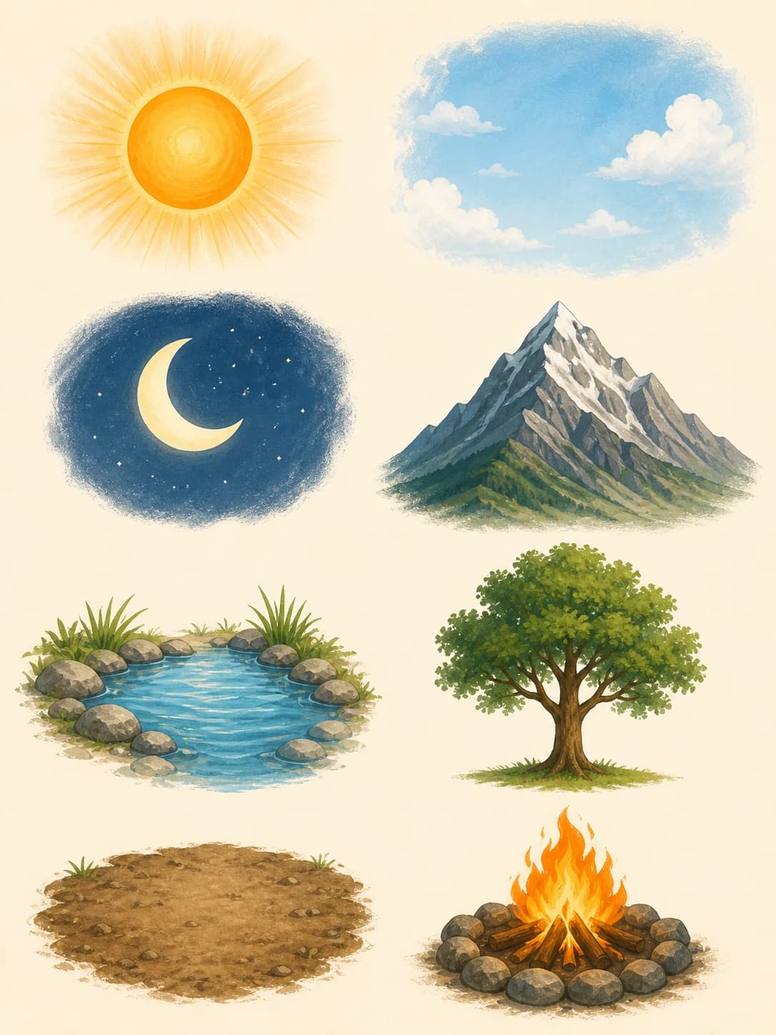 An illustrated sun, sky, moon, mountain, water, tree, earth, and fire arranged as eight learning pictures.