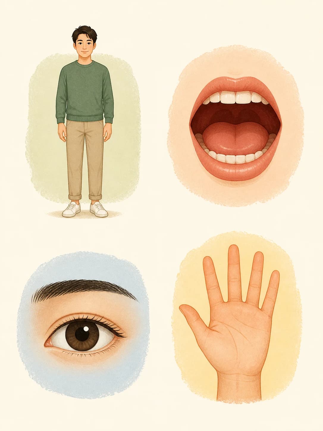 An illustrated person, mouth, eye, and hand arranged as four distinct learning pictures.