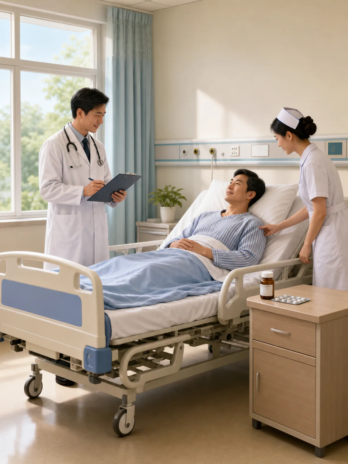 A realistic hospital room with a doctor, nurse, patient, medicine, and hospital bed.