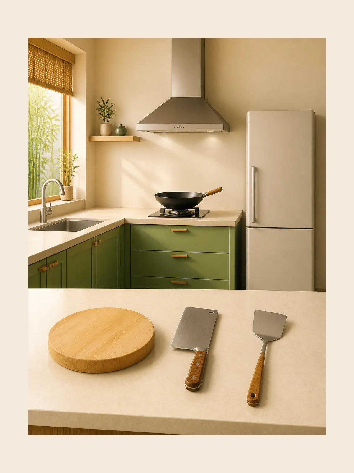 A warm modern kitchen with four simple character-first objects to explore in Chinese.