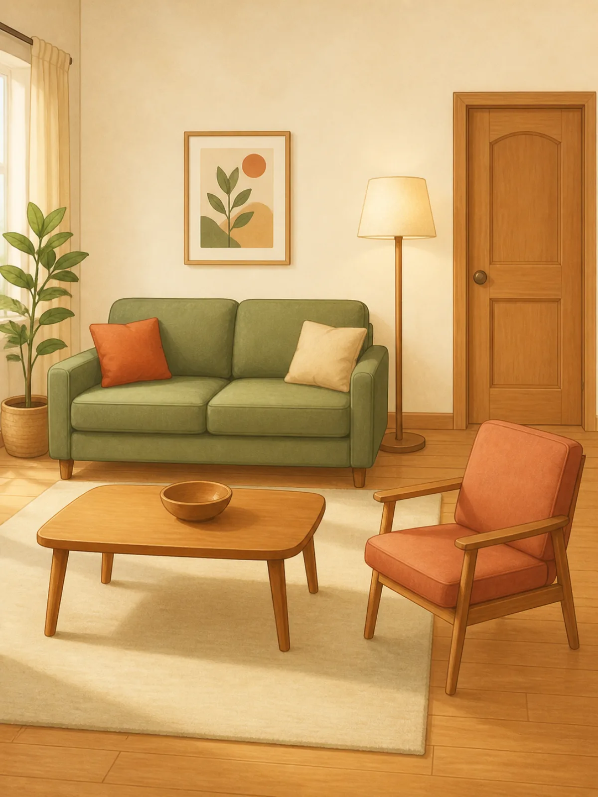 An illustrated living room with a sofa, lamp, coffee table, chair, and door.
