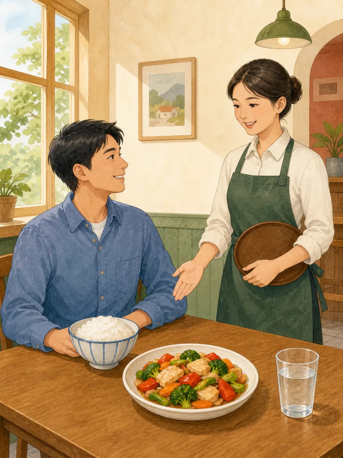 An illustrated restaurant with a guest, server, meal, dish, and cup.