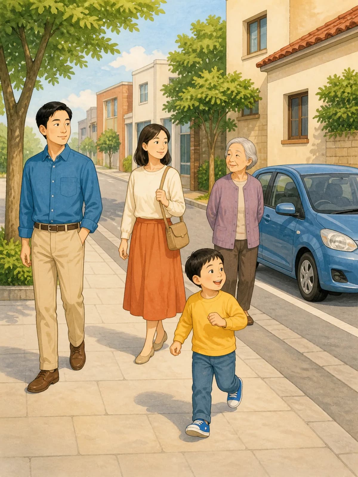 An illustrated street with a man, woman, older person, child, and car.