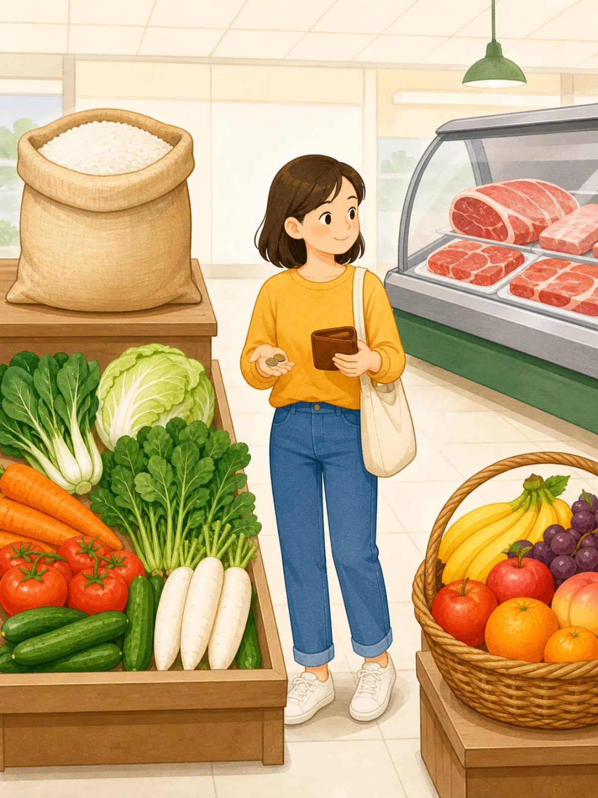 An illustrated supermarket with rice, vegetables, meat, fruit, and money.
