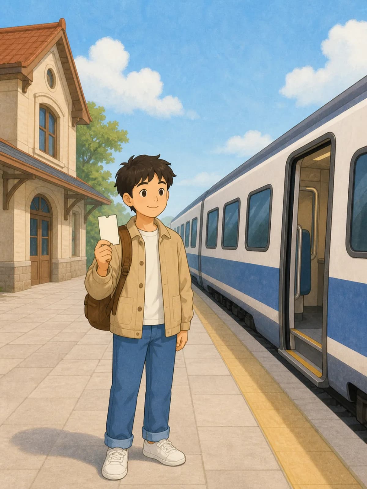 An illustrated train station with one passenger, a ticket, a station building, a train, and a door.